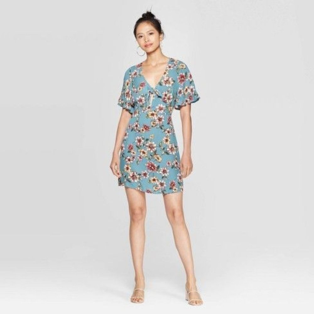 Floral Print Short Sleeve Mini Dress Turquoise